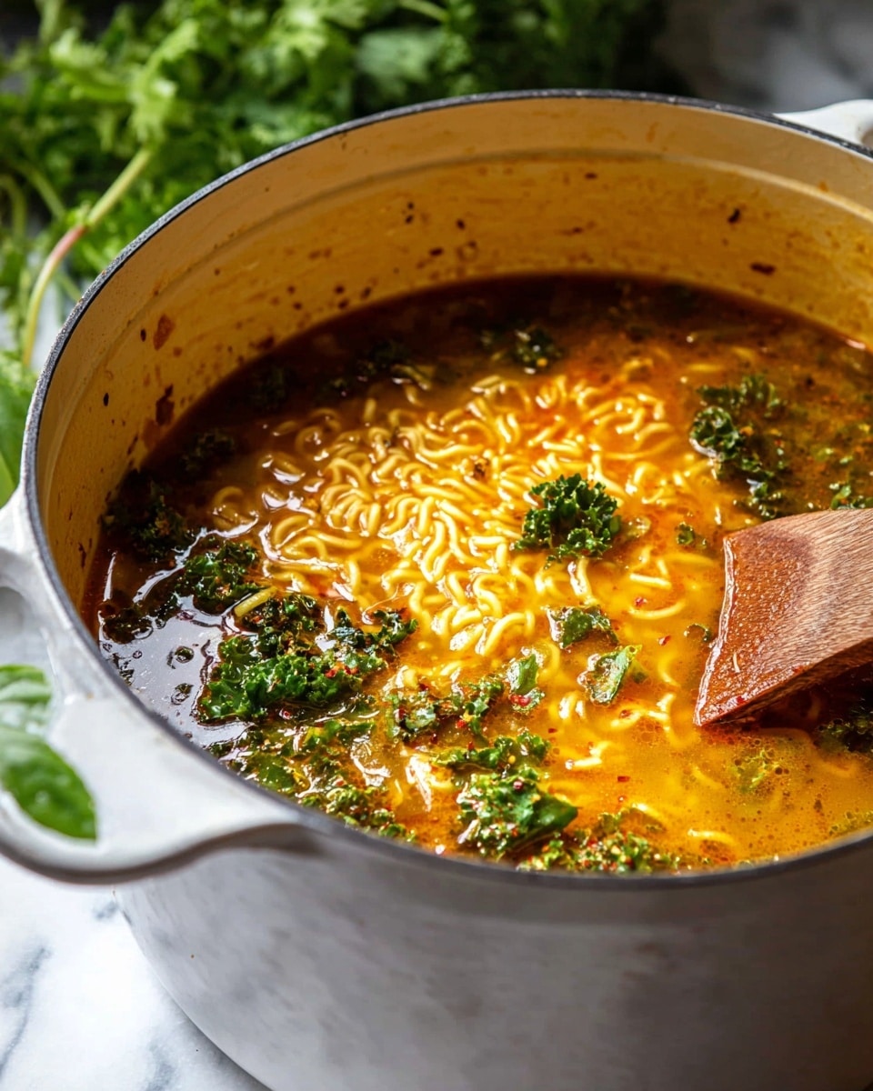 A close-up of a white pot filled with orange-yellow spicy soup with visible ramen noodles partially submerged in the broth and green leafy kale pieces floating on top; the soup has a slightly oily surface with some herbs and spices mixed in, while the pot rests on a white marbled surface with fresh green leaves blurred in the background, and a wooden spoon is partly visible stirring the soup photo taken with an iphone --ar 4:5 --v 7