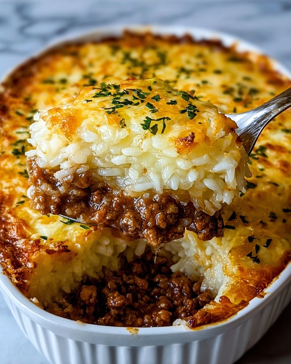 A close-up view of a baked dish in a white ceramic shallow baking dish with handles, showing three distinct layers: the bottom layer is soft cooked ground beef, dark brown and crumbly; the middle layer is white cooked rice mixed with small pieces of onions, visible as translucent bits; the top layer is a golden brown baked cheese crust that is slightly crispy and bubbly, sprinkled with fresh green herbs on top. A spoon is lifting a portion of the layered dish, revealing all three layers clearly against a blurred dark background. photo taken with an iphone --ar 4:5 --v 7