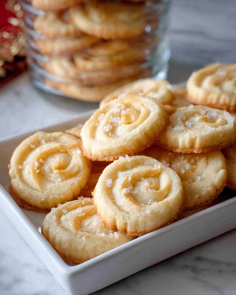 The image shows a close-up of small, round cookies with a light golden brown color and a swirled, piped texture on top. The cookies have a slightly cracked surface with small sugar crystals sprinkled over them, adding a touch of sparkle. They are arranged in two layers on a white tray, filling it up. In the background, there is a clear glass jar filled with more cookies stacked inside. Everything is placed on a white marbled surface, giving a clean and bright look to the scene. photo taken with an iphone --ar 4:5 --v 7
