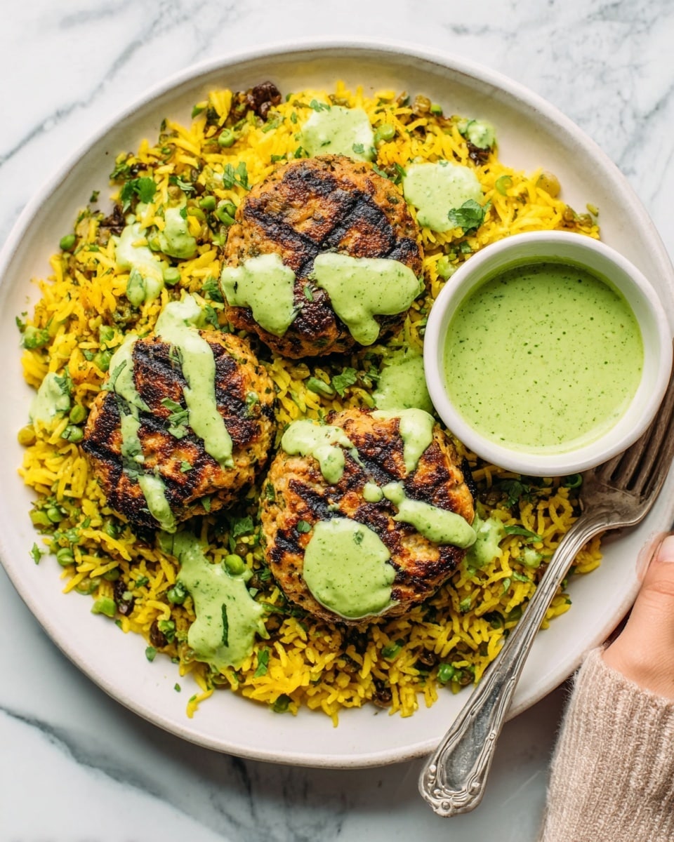 The image shows a round white plate filled with bright yellow rice mixed with green peas as the bottom layer. On top, there are two grilled chicken pieces with a slightly charred, dark brown texture. A smooth, light green sauce is drizzled over the chicken and rice, adding a fresh look. To the side of the plate, there is a small white bowl with more of the same green sauce. A silver spoon rests on the plate, partially inside the rice. The background features a white marbled texture. photo taken with an iphone --ar 4:5 --v 7