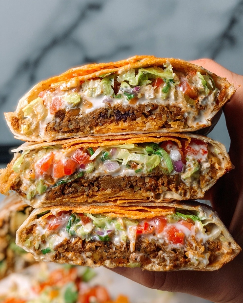 A folded, golden-brown burrito or wrap resting in the center of a dark non-stick frying pan. The wrap shows a slight crispiness with spots of deeper brown from cooking, and the folded edges form a roughly square shape with visible creases and soft, slightly puffed texture. The pan contrasts with the warm, light beige of the tortilla. The background is a white marbled texture. photo taken with an iphone --ar 4:5 --v 7