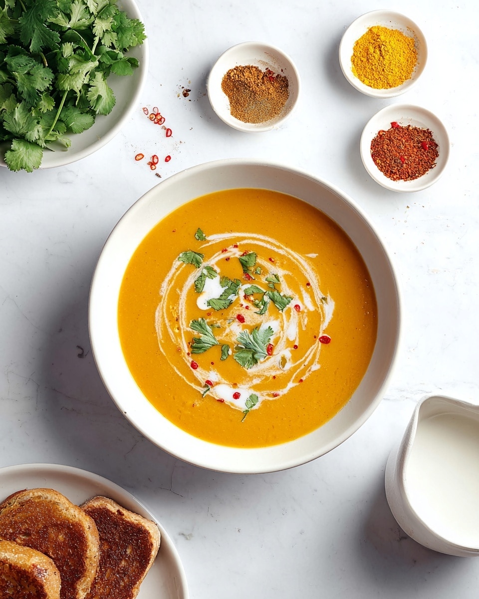 A white bowl filled with smooth, orange soup with a creamy texture, topped with a swirl of white cream, green chopped herbs, and red chili flakes scattered on top. A silver spoon is resting inside the soup angled towards the viewer. Behind the bowl, there is a small white dish with three toasted brown bread slices and a small bowl with red chili flakes. On the right side, a small jug with white cream sits on a white marbled surface. The photo is bright and clean with soft shadows. Photo taken with an iphone --ar 4:5 --v 7