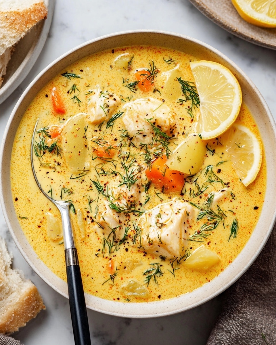 A black pot filled with creamy orange-yellow soup, showing chunks of white fish and pieces of orange carrots and light yellow potatoes floating in the broth. The soup surface is speckled with black pepper and small green herbs, topped with two thin lemon slices and a small sprig of dill placed in the center. Surrounding the pot is a white marbled surface, with a white bowl holding two silver spoons in the top left, a black plate with lemon wedges in the top right, wooden salt and pepper shakers on the bottom left, and broken pieces of light brown bread on the bottom right. photo taken with an iphone --ar 4:5 --v 7