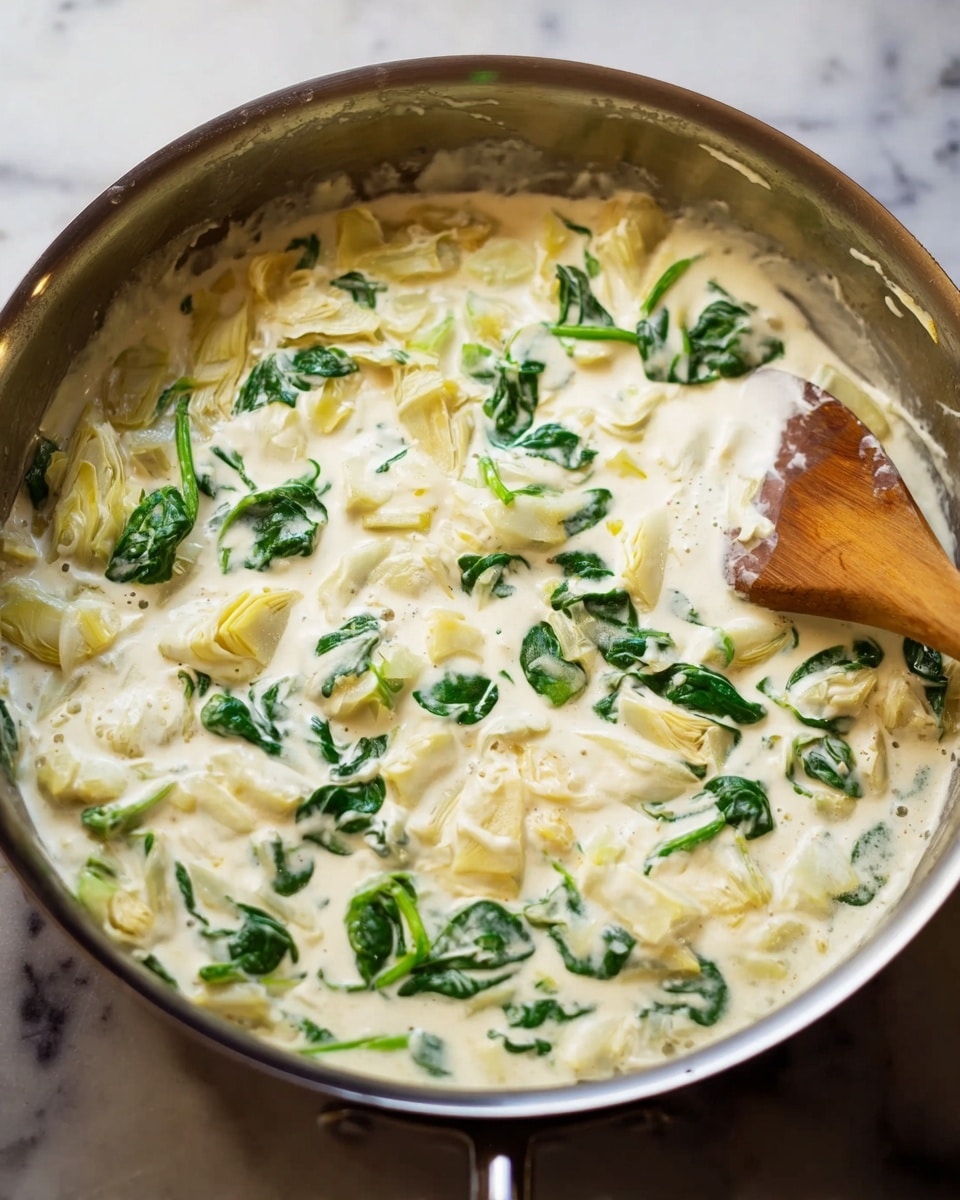 The image shows a close-up of a creamy dish with several browned chicken breasts partially covered in thick white sauce. The sauce has a smooth texture with visible green spinach leaves scattered evenly throughout. The chicken pieces have a crispy, golden-brown crust visible on top and sides, contrasting with the white sauce and vibrant green spinach. There is a white marbled surface underneath the dish, and the scene is bright and clear. Photo taken with an iphone --ar 4:5 --v 7
