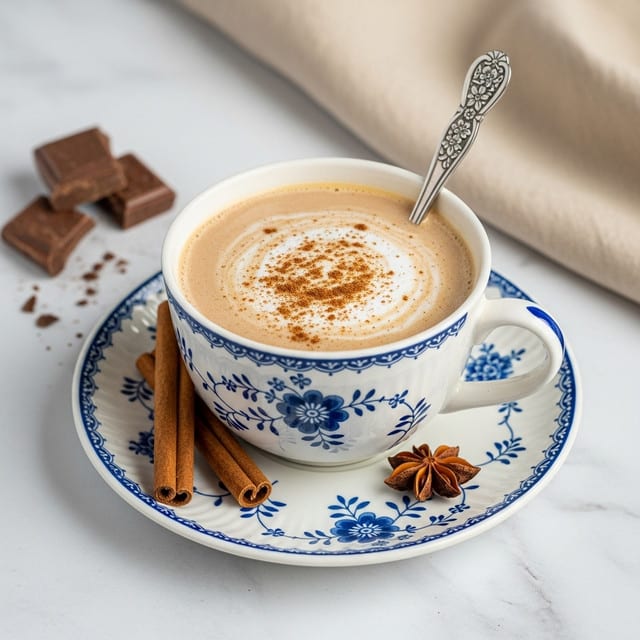 A creamy light brown hot drink fills a white cup with blue floral patterns, topped with a slight swirl and sprinkled with cinnamon powder. The cup sits on a matching white saucer with blue designs. A silver spoon with floral engravings rests inside the cup. Next to the cup, there are two cinnamon sticks and a star anise on the white marbled surface, along with broken pieces of chocolate in the corner. A beige cloth is softly folded in the background. photo taken with an iphone --ar 4:5 --v 7