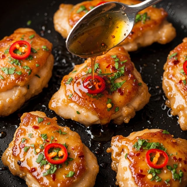 The image shows several pieces of golden brown chicken frying in a black pan. The chicken is covered with a glossy, sticky sauce that glistens in the light, with small chopped green herbs and red chili flakes sprinkled on top. A spoon is held above one piece, pouring more thick, amber-colored sauce onto the chicken, making it look shiny and juicy. The close-up view highlights the texture of the cooked chicken, showing crispy parts on the edges. The pan has a dark surface that contrasts with the bright chicken and herbs. photo taken with an iphone --ar 4:5 --v 7