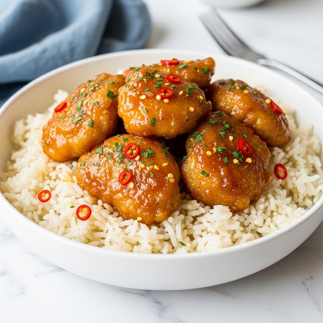 A white bowl filled with a large base layer of fluffy, white rice topped with several pieces of golden-brown chicken coated in a shiny, sticky orange glaze. The chicken pieces have a slightly crispy texture and are sprinkled generously with small green herbs and tiny red chili flakes. The dish is set on a white marbled surface, with a blue cloth and a fork visible in the soft-focused background. photo taken with an iphone --ar 4:5 --v 7