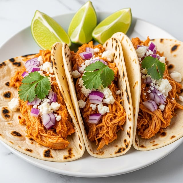 Three soft, white tortillas with charred spots are filled with shredded reddish-orange chicken as the base layer. On top of the chicken, there are small white crumbles of cheese and finely chopped purple onions scattered evenly. Each taco is garnished with a fresh green cilantro leaf placed on top. The tacos rest on a white plate, with three bright green lime wedges positioned behind them. The whole scene is set against a white marbled texture. photo taken with an iphone --ar 4:5 --v 7