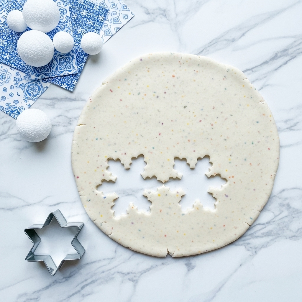 A smooth circle of white dough with tiny colorful specks is laid flat on a white marbled surface. Two snowflake shapes are cut out from the dough near the center, showing the white marbled background beneath. A metal snowflake cookie cutter lies to the lower left of the dough, matching the cut shapes. On the upper left side of the surface, several small white foam balls and some blue and white patterned sheets are scattered. The overall scene has a clean, soft look with cool tones. photo taken with an iphone --ar 4:5 --v 7