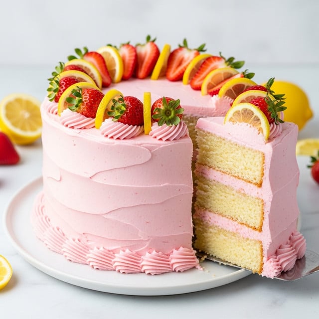 A round cake covered with smooth, light pink frosting featuring soft swirled texture on the sides and top. The cake is topped with a circle of alternating fresh strawberry halves and thin lemon slices, placed around the edge. The strawberries are bright red with green leaves, and the lemon slices are a pale yellow with visible rind. The cake sits on a white marbled round board, with extra strawberry halves and lemon slices scattered nearby. In the background, there is a stack of white plates with whole strawberries on top, all set on a white marbled surface. photo taken with an iphone --ar 4:5 --v 7