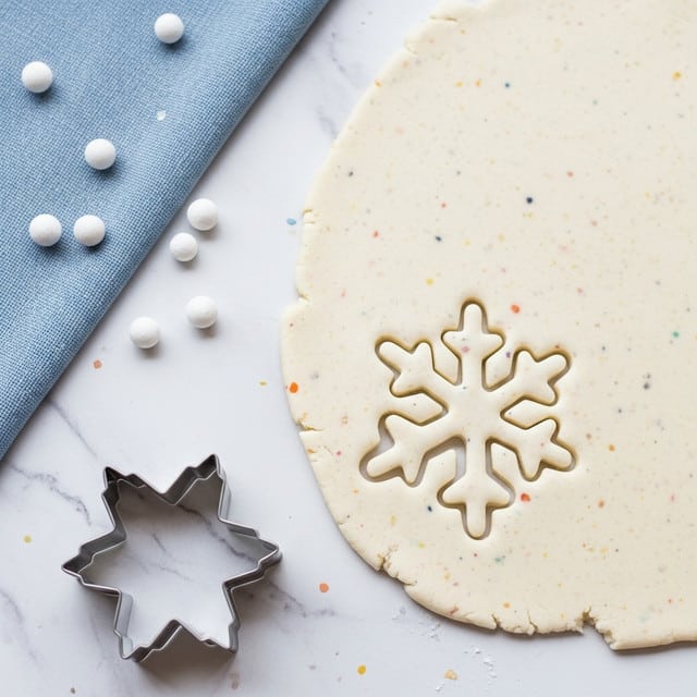 This image shows a close-up of a white dough rolled out flat on a white marbled surface with tiny colorful specks inside it. A snowflake shape has been cut out from the dough near the center, with its edges clear and crisp. Above and to the left of the dough, there are small white round decorations scattered around on a blue textured cloth. In the bottom left corner, a silver metal snowflake cookie cutter slightly rests on the marbled surface, with its edges shiny and reflective. The scene looks bright and clean. photo taken with an iphone --ar 4:5 --v 7