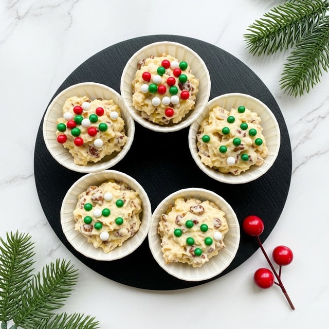 There are five white paper cupcake liners filled with a creamy, chunky dessert or snack placed in a circle on a black round board. Each portion has pale yellow cream mixed with small pieces of brown and red bits, possibly nuts or dried fruit. Three of the portions are topped with small round sprinkles in red, green, and white, while the other two have fewer sprinkles or small green dots. The background is a white marbled surface, with small green pine branches and two red berries placed near the bottom right. The scene is bright and festive, suggesting a holiday treat. Photo taken with an iphone --ar 4:5 --v 7