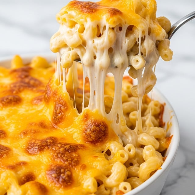 A close-up view shows a large spoon lifting a portion of baked macaroni and cheese from a dish set against a white marbled texture. The dish has one main thick layer of elbow macaroni covered in creamy, melted cheese with a golden brown crust on top, showing some darker baked spots. The cheese is gooey and stretchy, with light yellow and golden shades, dripping from the spoon. The macaroni pieces are soft and coated well with the cheese sauce, creating a rich and creamy texture. Photo taken with an iphone --ar 4:5 --v 7