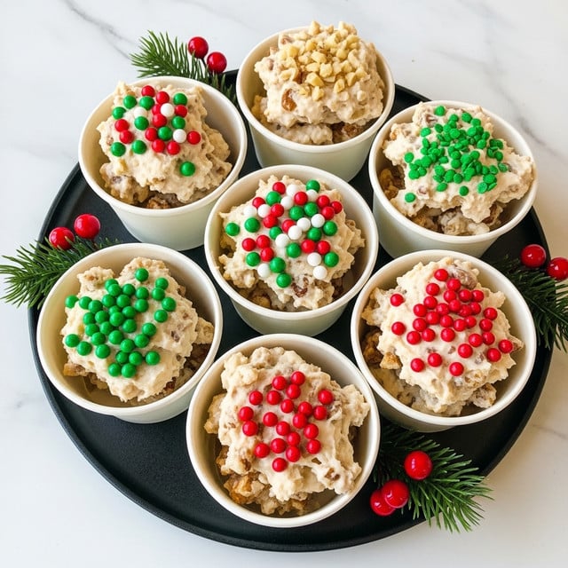 The image shows six white paper cups filled with a creamy, chunky dessert made of white chocolate and nut pieces layered unevenly. Three cups have red, green, and white round sprinkles on top, adding a festive touch, while the other three cups have green or red sprinkles or none at all. The cups are arranged on a black round plate, which sits on a white marbled surface. Small green pine twigs with red berries sit near the cups, adding a holiday feel. The dessert layers have a mix of creamy white and light brown colors with rough textures from nuts and chocolate pieces. Photo taken with an iphone --ar 4:5 --v 7