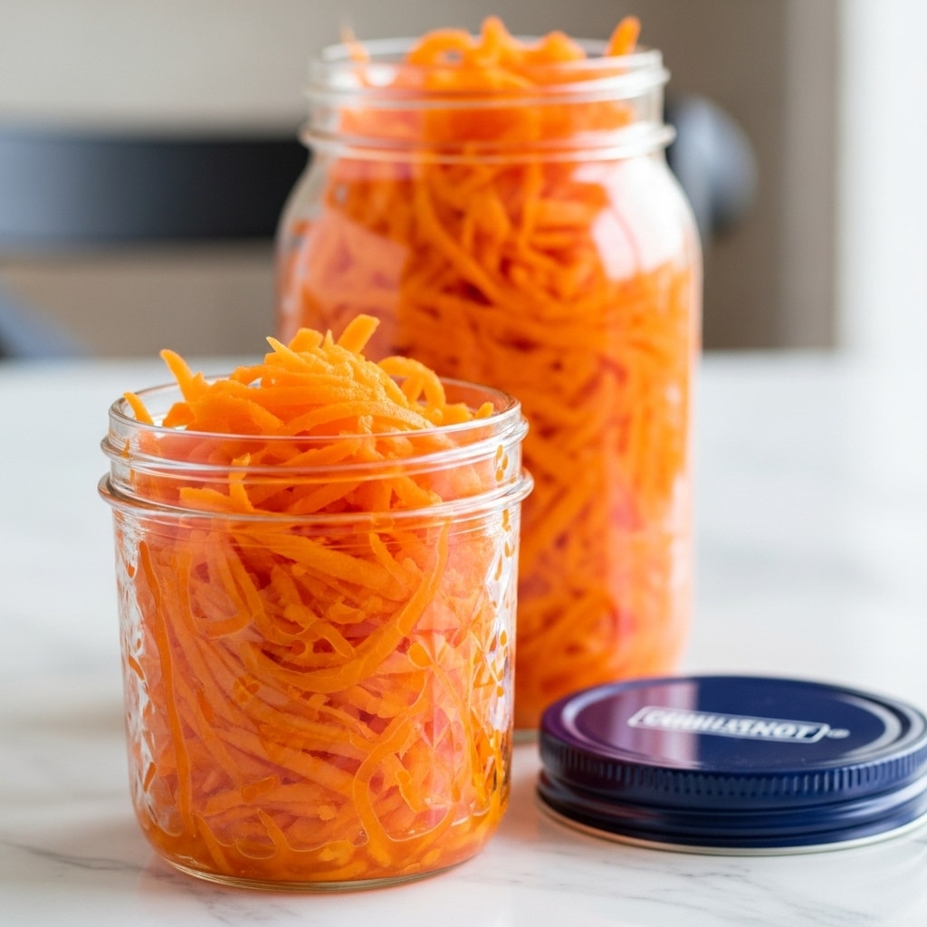 Two clear glass jars filled with bright orange shredded fermented carrot salad sit on a white marbled surface. The jar in the front is slightly smaller and fully packed with thin, soft carrot strips layered unevenly to show their moist and slightly translucent texture. Behind it, a larger jar also holds shredded carrots tightly packed, with a few pieces sticking slightly above the rim. The navy blue lid with white lettering lies open on the surface in front of the smaller jar. The background is softly blurred with neutral tones, making the vibrant orange carrots stand out clearly. photo taken with an iphone --ar 4:5 --v 7