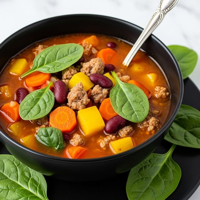 A close-up view of a filled bowl of chunky soup resting on a dark surface with fresh green leaves around. The soup features many layers: the base is a rich orange-red broth with a glossy texture, filled with bright cubed orange carrots and yellow squash, dark red kidney beans, small browned ground meat pieces, and deep green spinach leaves scattered on top. The bowl itself is black with a shiny finish, and a silver spoon with an ornate handle stands inside the bowl. The background is a white marbled texture. photo taken with an iphone --ar 4:5 --v 7