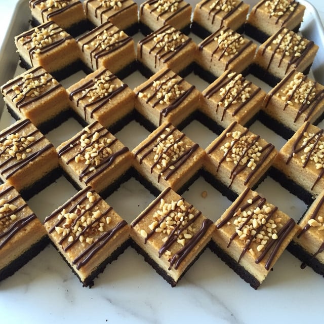 Two triangular-shaped dessert slices are placed on a white plate on a white marbled surface. Each slice has a dark brown base layer that looks dense and moist, a middle layer with light yellow banana slices arranged evenly, and a top layer drizzled with thin lines of chocolate and sprinkled with chopped nuts that add texture. In the background, part of a rectangular baking pan with more similar slices is visible. photo taken with an iphone --ar 4:5 --v 7