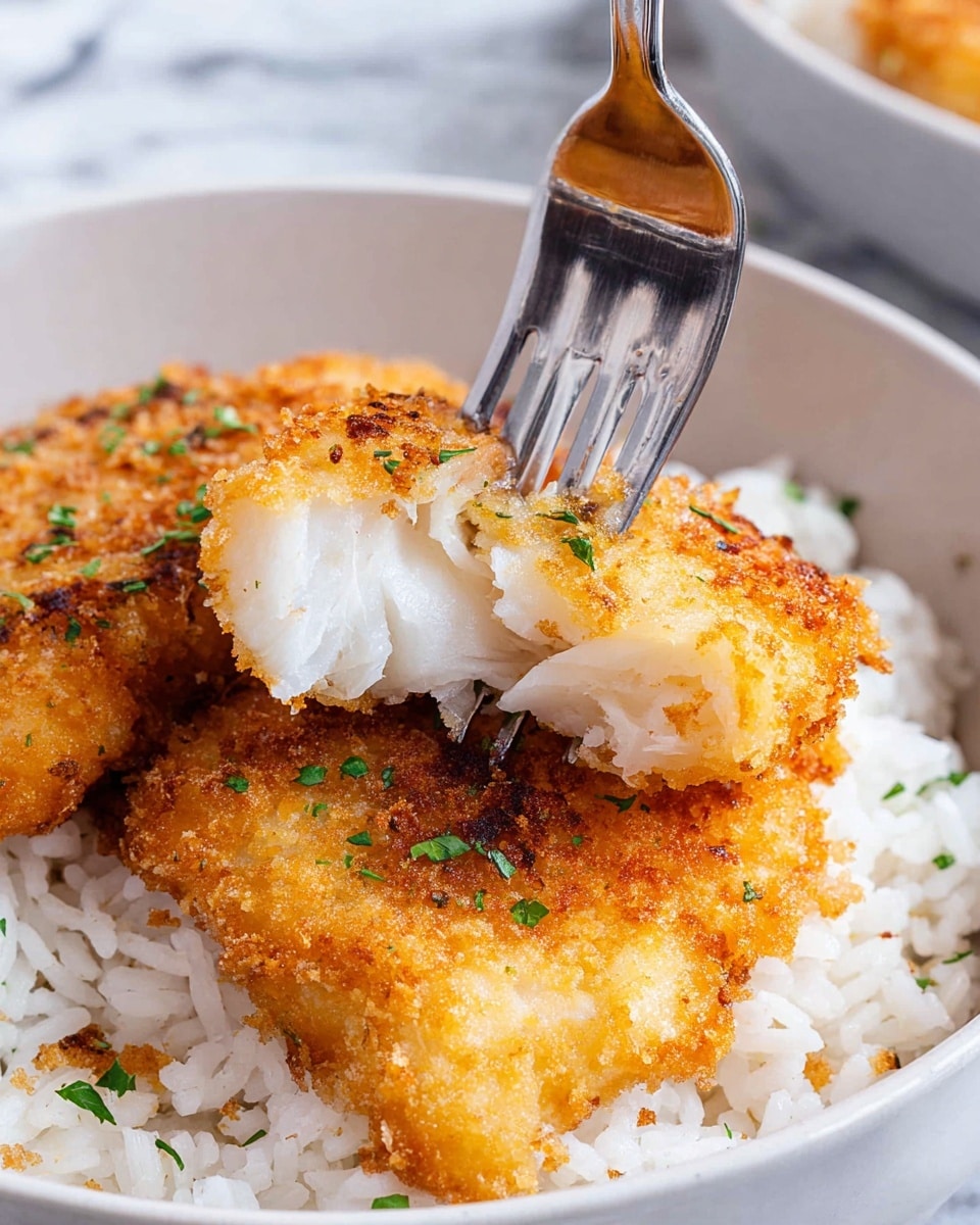 A close-up image of two pieces of golden brown breaded fish fillets resting on a bed of fluffy white rice inside a white bowl. The top fish piece is pierced by a silver fork, showing its moist and flaky white inside. The crunchy coating on the fish shows a mix of light and darker brown crispy textures with small green herb bits sprinkled on top. The white rice grains underneath are clearly visible, providing a soft contrast to the crispy fish. The bowl sits on a white marbled surface, adding a clean and bright look to the scene. photo taken with an iphone --ar 4:5 --v 7