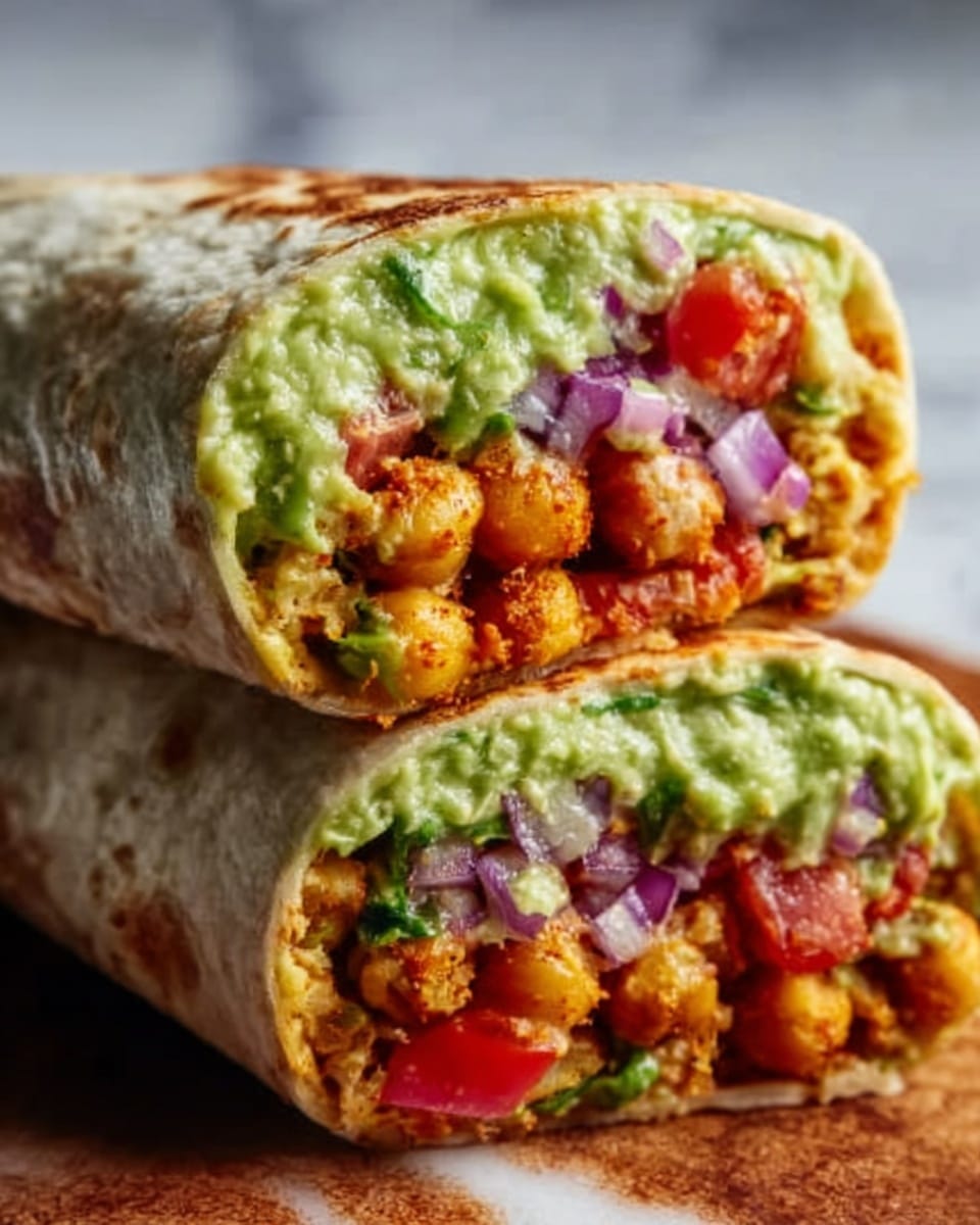 The image shows a close-up of two stacked wraps cut in half, revealing many colorful layers inside a lightly toasted, warm brown tortilla. The first layer inside the wrap is a thick, chunky green guacamole with a creamy texture. Below it, there are bright yellow chickpeas with a slightly crispy look, mixed with small chopped pieces of purple onion and red tomato, adding fresh color. A light drizzle of white sauce is visible on top, sprinkled with red spices that add a touch of heat. The wraps rest on a light brown wooden board with a white marbled background softly blurred behind. photo taken with an iphone --ar 4:5 --v 7