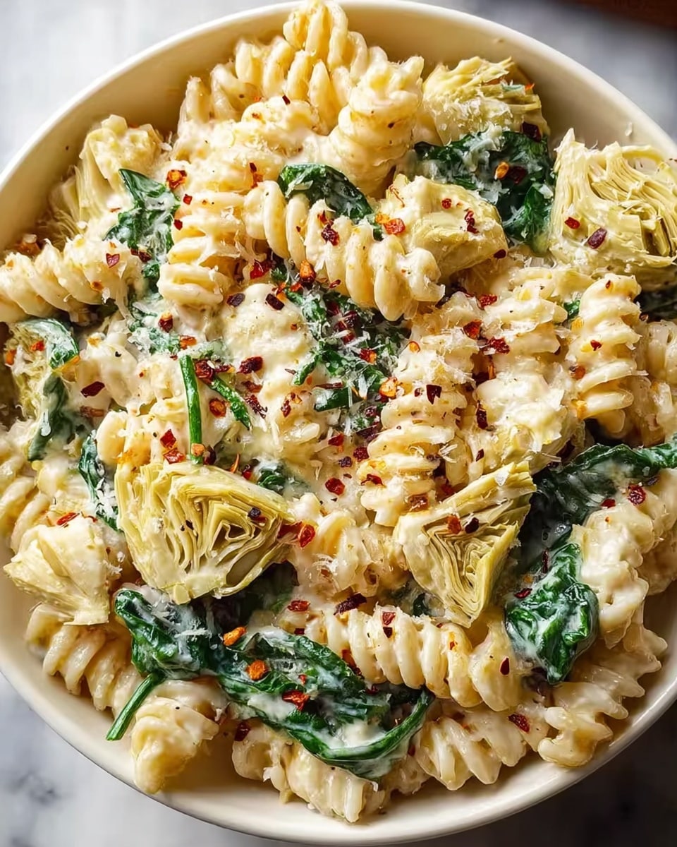 A close-up view of creamy pasta in a white bowl with spiral noodles coated in a light beige sauce. Mixed throughout are wilted dark green spinach leaves and small pieces of artichoke hearts. The dish is topped with finely grated cheese and sprinkled with red chili flakes and black pepper. The bowl sits on a wooden surface with a blurred background, showing part of a woman's hand on the side. photo taken with an iphone --ar 4:5 --v 7