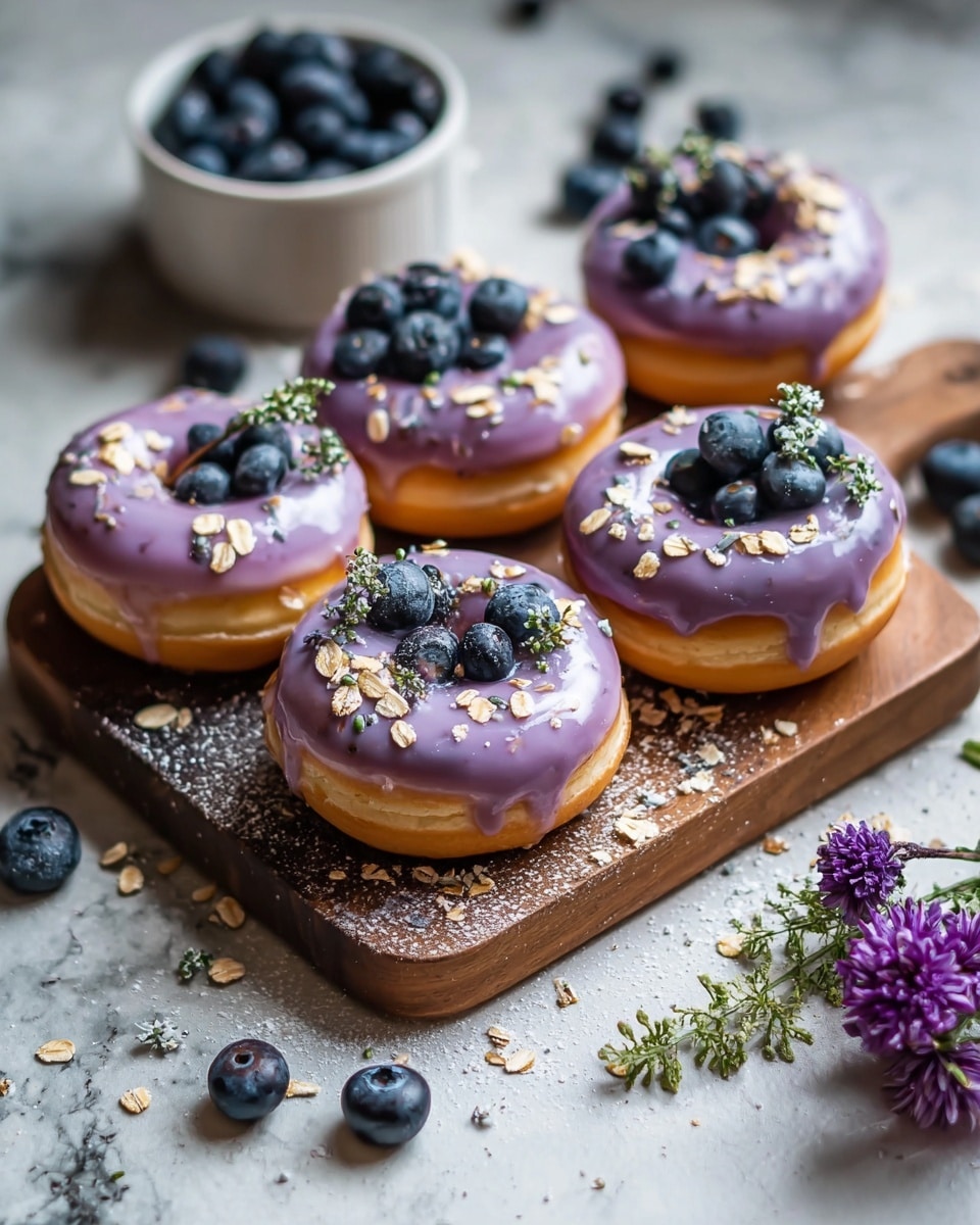 A set of five donuts are shown arranged on a wooden board placed on a white marbled surface. Each donut has a golden-brown base with a smooth, light purple glaze covering the top. The glaze has darker purple spots where berry juice seems to have soaked in. On top of this glaze, several fresh blueberries sit in small clusters, adding a deep blue color contrast. Light oat flakes are sprinkled around the blueberries, adding texture. Extra fresh blueberries are scattered around the board and a white ceramic cup filled with blueberries is seen in the background, along with a small purple flower near the bottom right. photo taken with an iphone --ar 4:5 --v 7