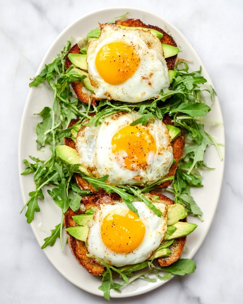 Three pieces of toast are placed on a white plate, each topped with a layer of green avocado slices, a golden fried egg with a bright yellow yolk in the center, and small black pepper flakes scattered on the eggs. The toast looks crispy and brown. The plate is surrounded by fresh green arugula leaves around the toast, all set on a white marbled surface. photo taken with an iphone --ar 4:5 --v 7