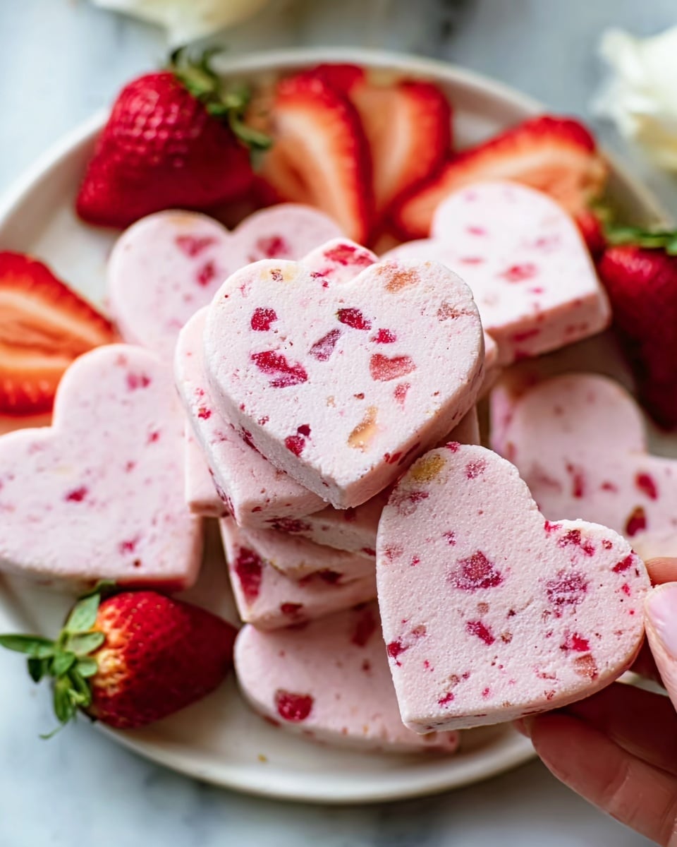 A stack of four heart-shaped cookies sits at the center on a white marbled surface. The bottom three layers are light brown with a smooth texture, while the top layer is coated in white icing sprinkled with small red crumbs. Around the stack, there are a few more heart-shaped cookies with white icing and red crumbs, and some small pieces of dried strawberries scattered nearby. In the background, a white bowl filled with red dried fruit is slightly out of focus. Photo taken with an iphone --ar 4:5 --v 7