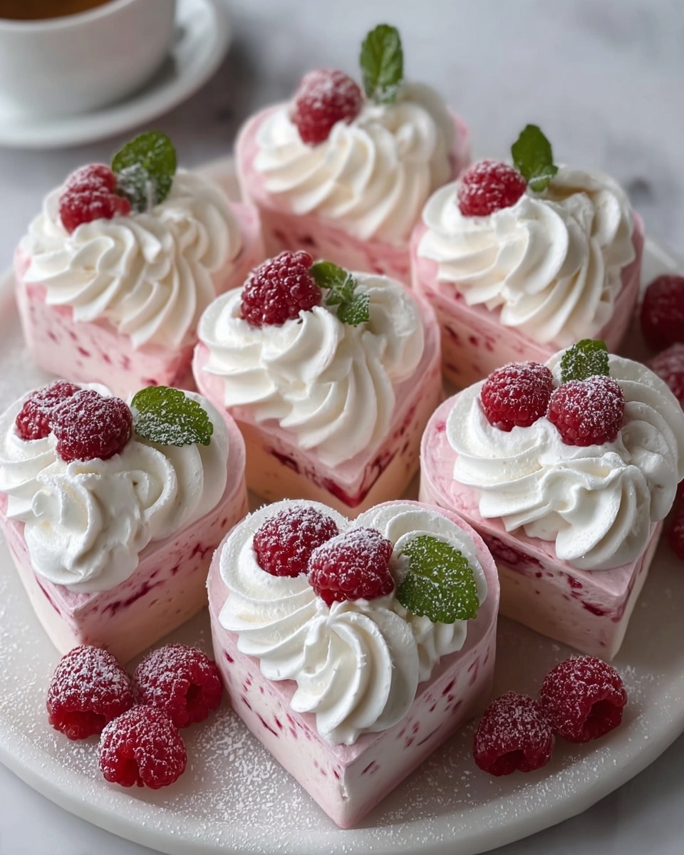 Three heart-shaped meringue desserts sit on a white marbled surface, each made of two layers of light pink swirled meringue with a crispy texture. On top of each heart is a layer of white whipped cream, softly swirled and light. Each dessert is decorated with a fresh red strawberry and a raspberry, both dusted lightly with powdered sugar, along with a small green mint leaf. Scattered around the hearts are extra strawberries and raspberries, also dusted with powdered sugar, adding extra color contrast. The image has soft natural light highlighting the textures and shapes. Photo taken with an iphone --ar 4:5 --v 7