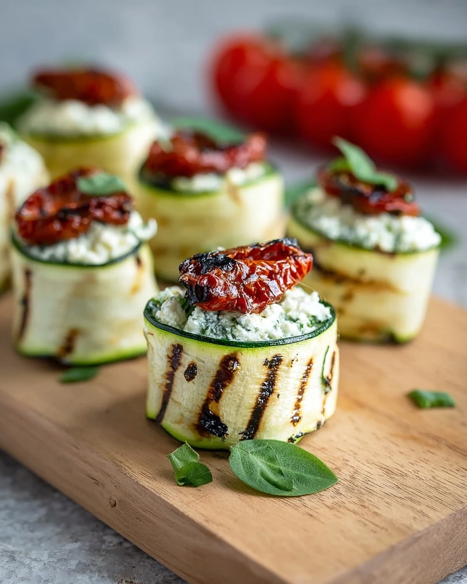 The image shows several small rolls made from thin slices of grilled zucchini, each with visible dark grill lines and soft green edges. Inside each zucchini roll, a creamy white cheese mixture with green herb flecks fills the bottom two-thirds, topped with a charred, slightly wrinkled red sun-dried tomato and a few fresh green leaves near the base. The rolls are arranged in a loose diagonal line on a light wooden board, with the focus on the front roll and the others gently blurred in the background. The background features a soft, out-of-focus bunch of red cherry tomatoes on the vine placed on a white marbled texture. photo taken with an iphone --ar 4:5 --v 7