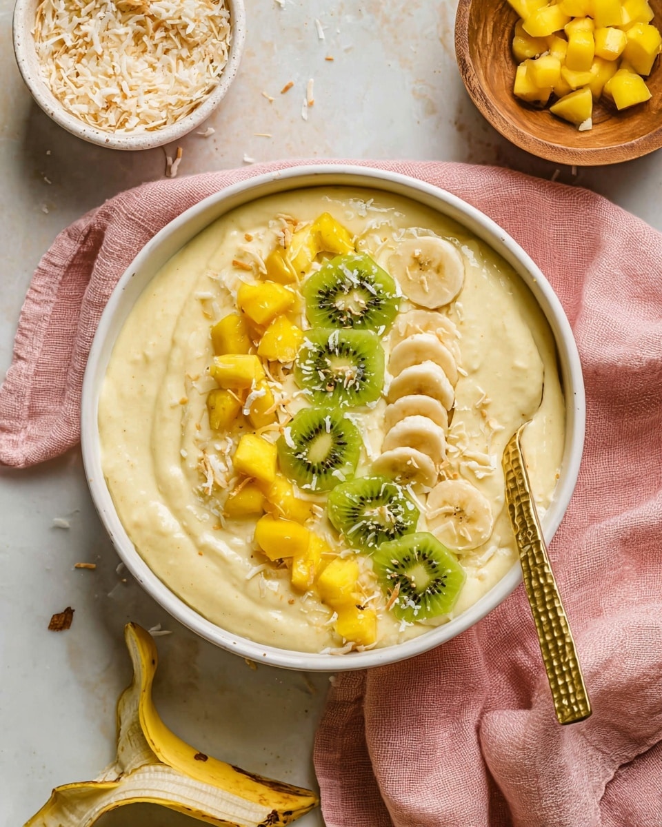 A white bowl filled with a smooth, creamy pale yellow base, likely a smoothie or yogurt. On top, there are three kinds of fresh fruit: bright green kiwi slices with black seeds scattered, soft yellow mango cubes, and pale yellow banana slices arranged near the edge. The fruits are spread evenly over the creamy layer. Light shreds of toasted coconut flakes are sprinkled over everything, adding texture and a subtle contrast. A gold spoon rests inside the bowl near the fruit. The bowl sits on a white marbled surface with a hint of a folded pink cloth nearby. photo taken with an iphone --ar 4:5 --v 7