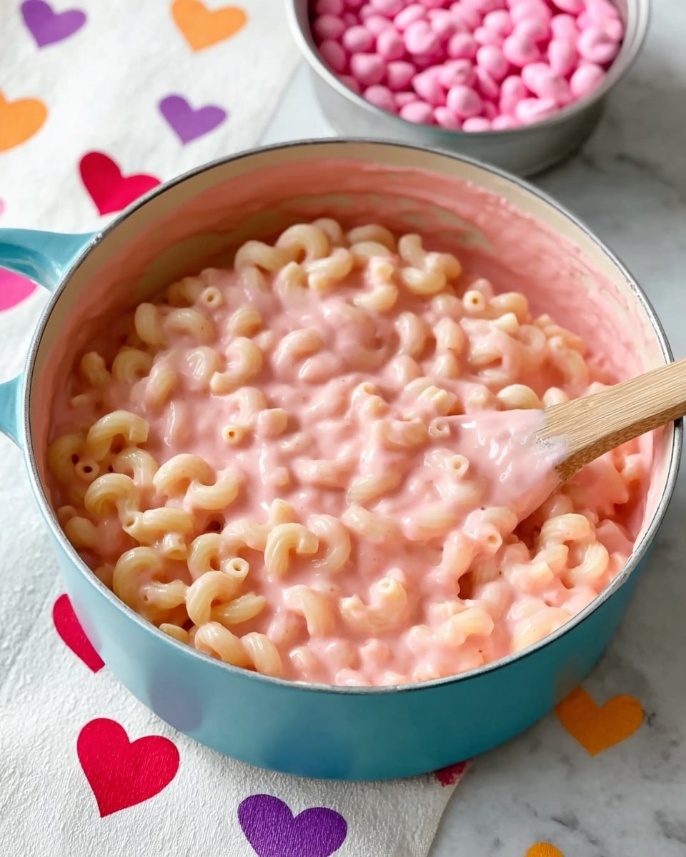 A round light blue bowl filled with elbow macaroni pasta coated in a smooth, light pink sauce layering thickly and evenly over every piece. Around the bowl on a white marbled surface are small colorful felt hearts in red, pink, purple, and yellow, and in the top right corner a partially visible bright gift card with colorful stripes and letters. The pasta looks creamy with a shiny texture and is piled to the top of the bowl. Photo taken with an iphone --ar 4:5 --v 7
