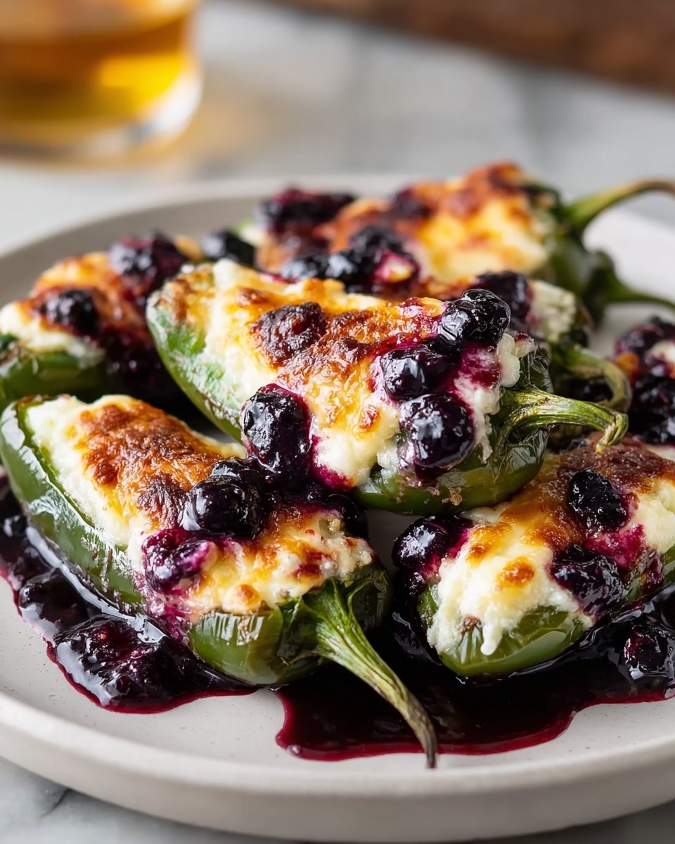 This image shows six stuffed jalapeño halves arranged on a white plate with a smooth, slightly speckled texture and a raised rim. Each jalapeño is bright green with a slightly wrinkled skin, topped with a thick layer of melted, golden-brown cheese that has a creamy texture and slightly crispy edges. Over the cheese, there is a rich layer of dark purple-black berry compote with visible whole berries, some of the juice dripping down the sides and pooling on the plate. The background has a white marbled texture, and the focus is sharp on the front jalapeño while the others are softly blurred behind it. photo taken with an iphone --ar 4:5 --v 7