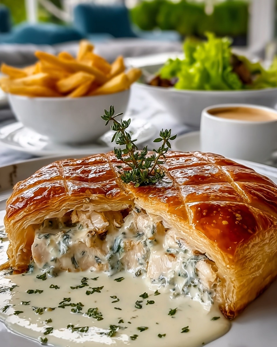 The dish shows a golden brown, shiny puff pastry with a crisscross pattern on top, garnished with small green herbs and a sprig of thyme placed in the center. Inside, there are thick layers of white chicken meat topped with a creamy white sauce mixed with finely chopped green herbs, slowly flowing out from the pastry. In the blurry background, there is a white bowl filled with golden French fries and some green lettuce, along with a white cup containing a light brown sauce, all set on a white marbled surface. photo taken with an iphone --ar 4:5 --v 7