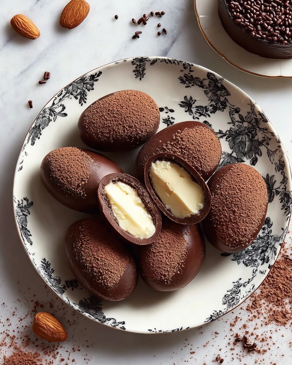 The image shows a white bowl filled with five brown, dome-shaped baked treats with a soft, textured surface dusted with cocoa powder. Two of these treats are cut open to reveal a dark brown, moist interior topped with a smooth, light cream dollop that has a light dusting of cocoa powder on top. The bowl sits on a white marbled surface scattered with cocoa powder and pecans. There is also a part of another plate on the right with cocoa powder and a spoon. Photo taken with an iphone --ar 4:5 --v 7