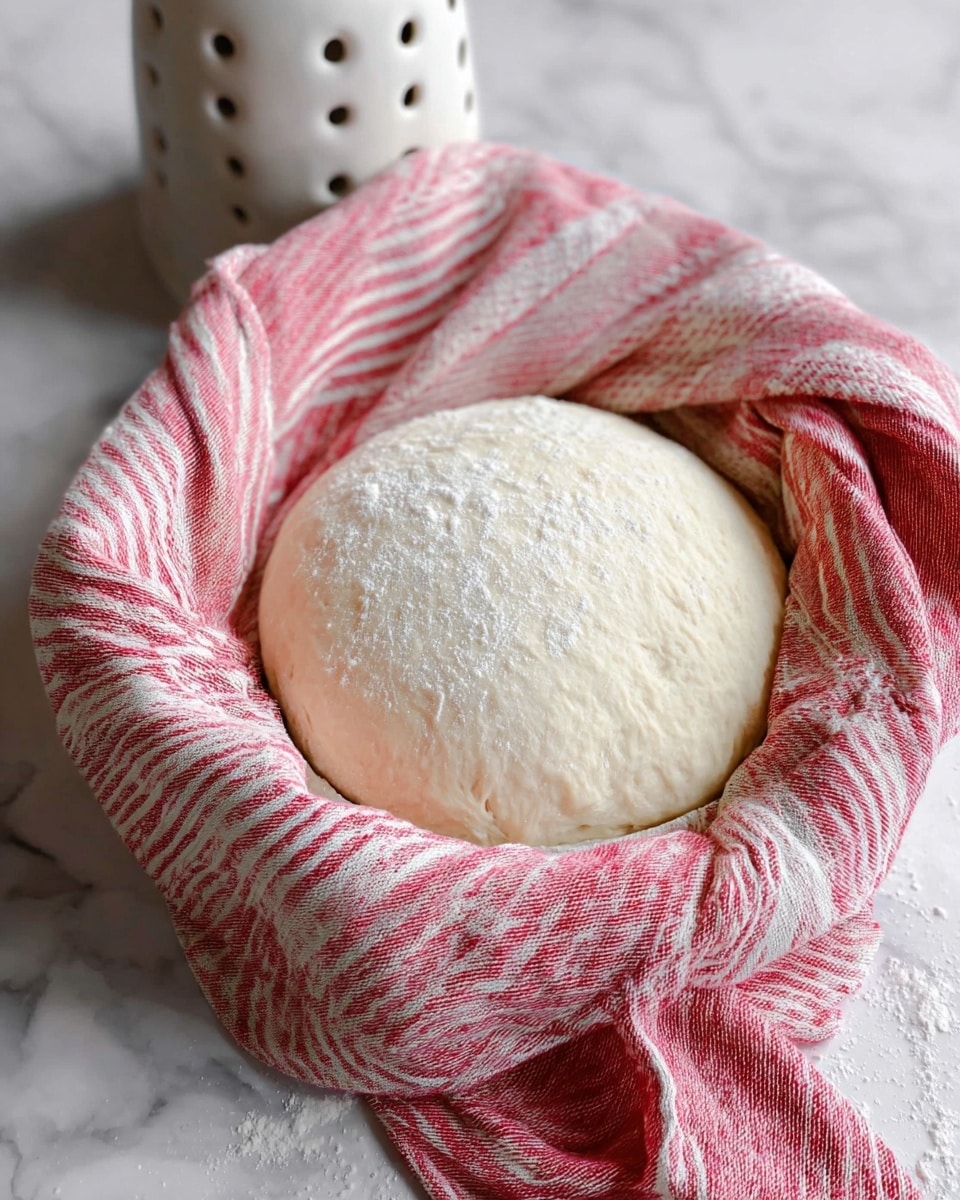 A smooth, round dough ball with a light dusting of flour on top is resting inside a white bowl lined with a red and white striped cloth that is loosely folded around the dough. The bowl is placed on a white marbled surface. In the top right corner, a metal sifter with some flour spilled around it can be seen. Photo taken with an iphone --ar 4:5 --v 7