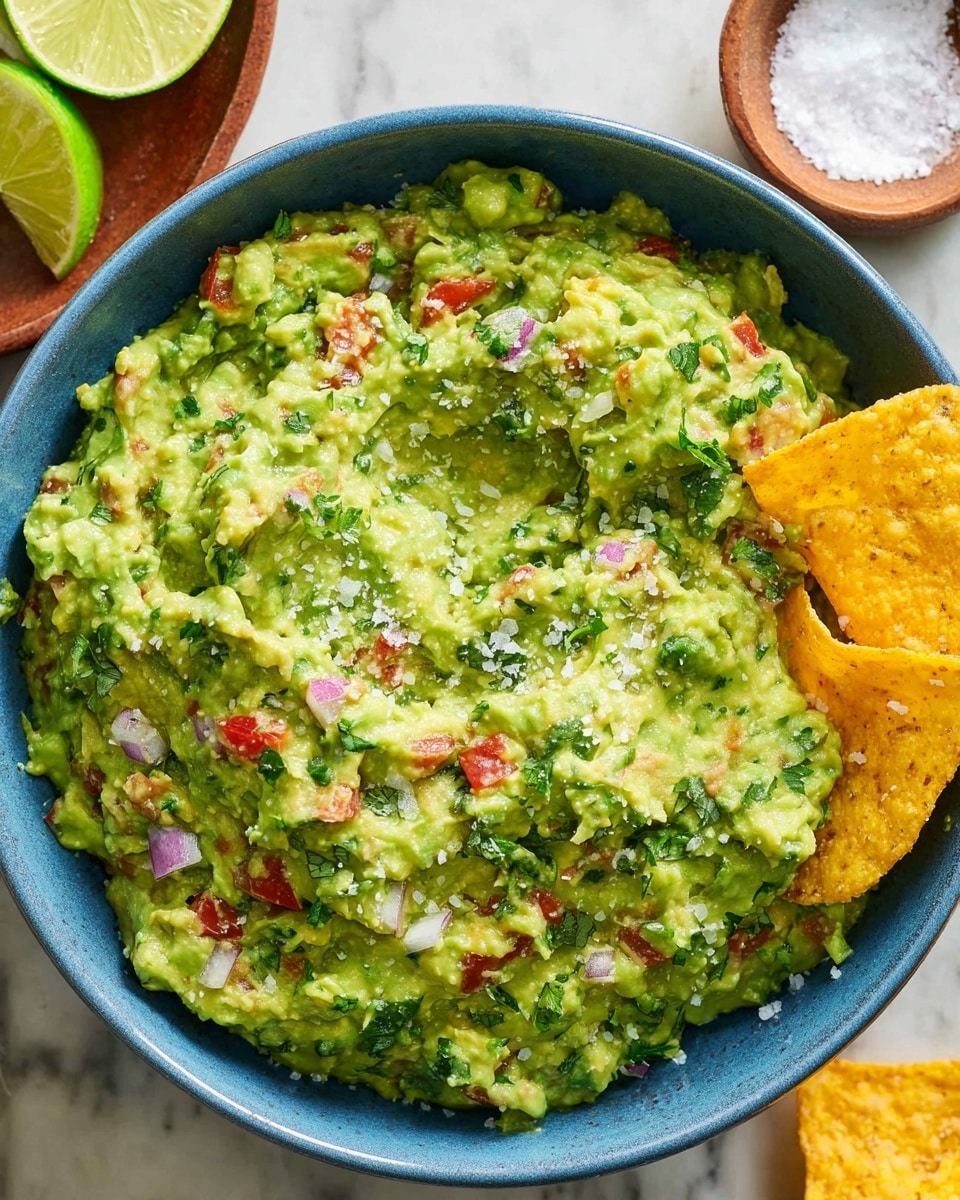 A close-up view of a blue bowl filled with chunky green guacamole mixed with finely chopped red onions, small red tomato pieces, and green cilantro. The guacamole has a creamy yet textured look with some coarse salt sprinkled on top. Two golden yellow crispy tortilla chips are placed partially dipped on the right side of the guacamole. In the background, there are lime wedges on a wooden plate and a small white bowl filled with coarse salt, all set on a white marbled surface. Photo taken with an iphone --ar 4:5 --v 7