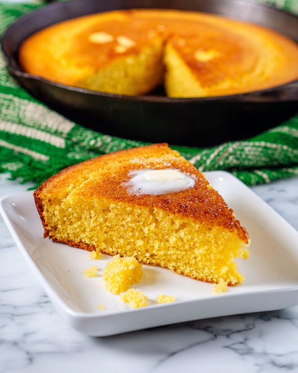 The image shows a close-up of a piece of cornbread served on a white rectangular plate placed on a white marbled surface. The cornbread piece is thick with a golden-yellow color, a slightly crumbly texture, and a light brown, toasted top. There is a small dollop of white butter melting on the top of the slice. Behind the plate, there is a black cast iron skillet holding the remaining round cornbread, which has a similar thick, golden-yellow layer with a browned, textured crust on top. A white butter dish with green lettering is visible to the side, adding contrast to the rustic setting. photo taken with an iphone --ar 4:5 --v 7
