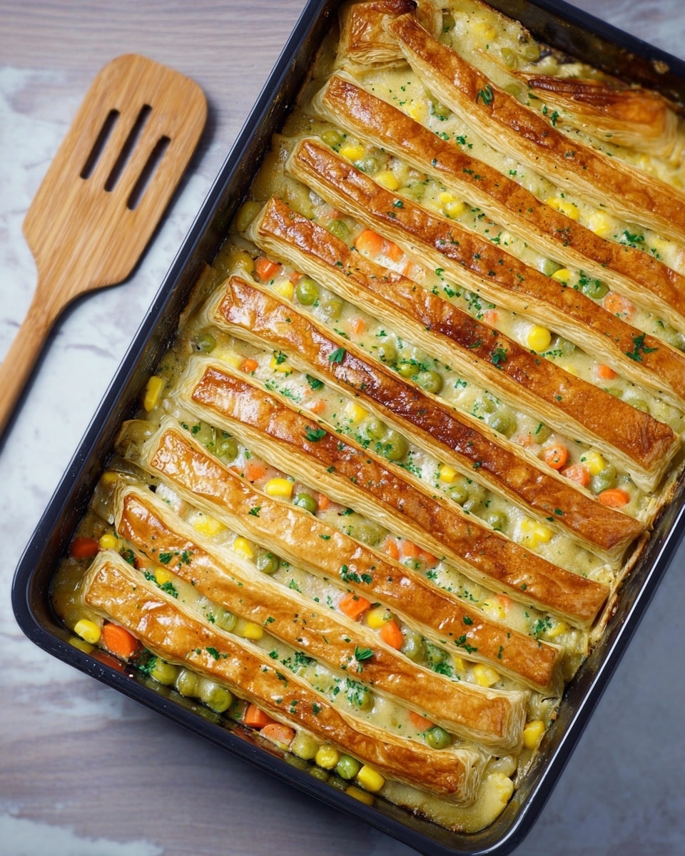 The image shows a rectangular black baking dish filled with a layered vegetable pot pie. The bottom layer is a colorful mix of diced carrots, peas, and corn, visible through the gaps. On top of the vegetables lies a creamy yellow chicken mixture layer. The top layer is made of golden brown puff pastry strips arranged in parallel lines, with a flaky texture and slightly glossy surface. Small green herb pieces are sprinkled over the top for freshness. The dish sits on a white marbled surface. photo taken with an iphone --ar 4:5 --v 7