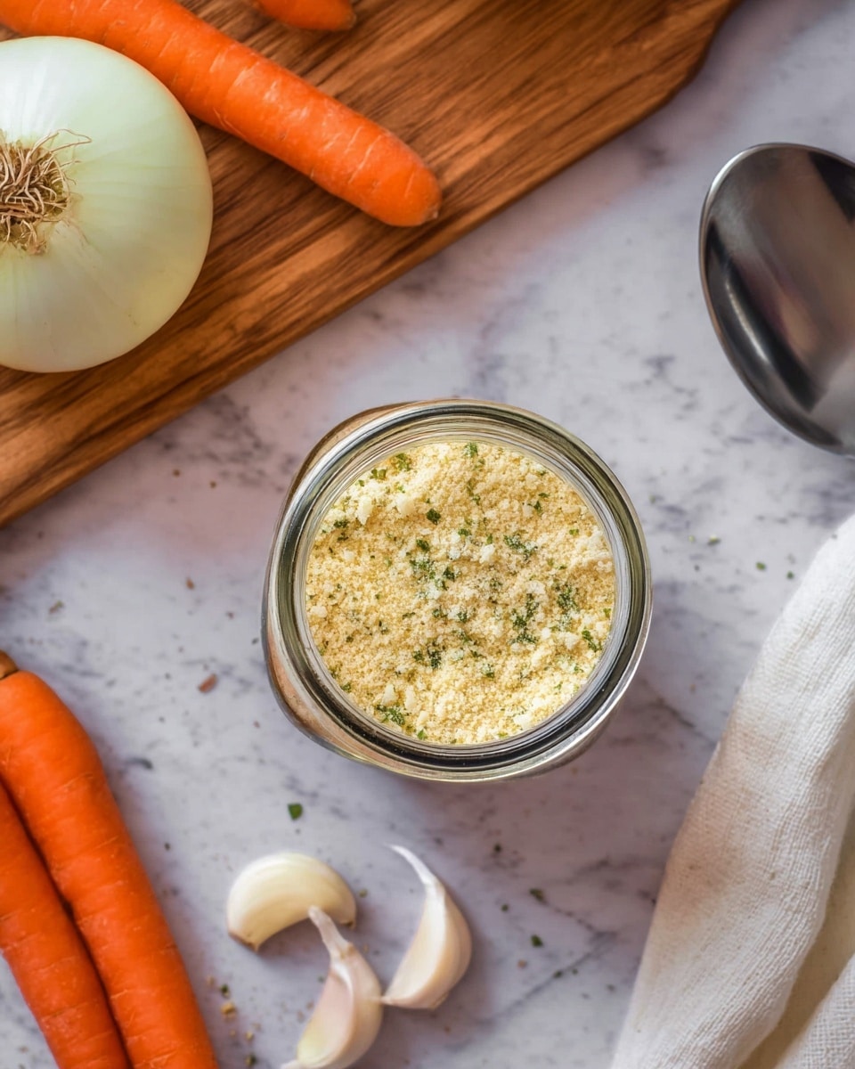 A white bowl holds nine small piles of different spices arranged in a circular pattern: a light beige powder in the front left, a darker beige powder front right, bright yellow turmeric just above the front center, a small pile of green dried herbs next to turmeric, bright red chili powder above the yellow, a dark green powder at the top left, black pepper at the top center, and a white coarse salt or powder top right. Behind the bowl is a wooden board with three orange carrots and a whole white onion with roots on top. Three garlic cloves are scattered near the bowl. To the right, a white cloth with a red stripe is draped next to a metal measuring cup and some metal spoons, all sitting on a white marbled textured surface. Photo taken with an iphone --ar 4:5 --v 7