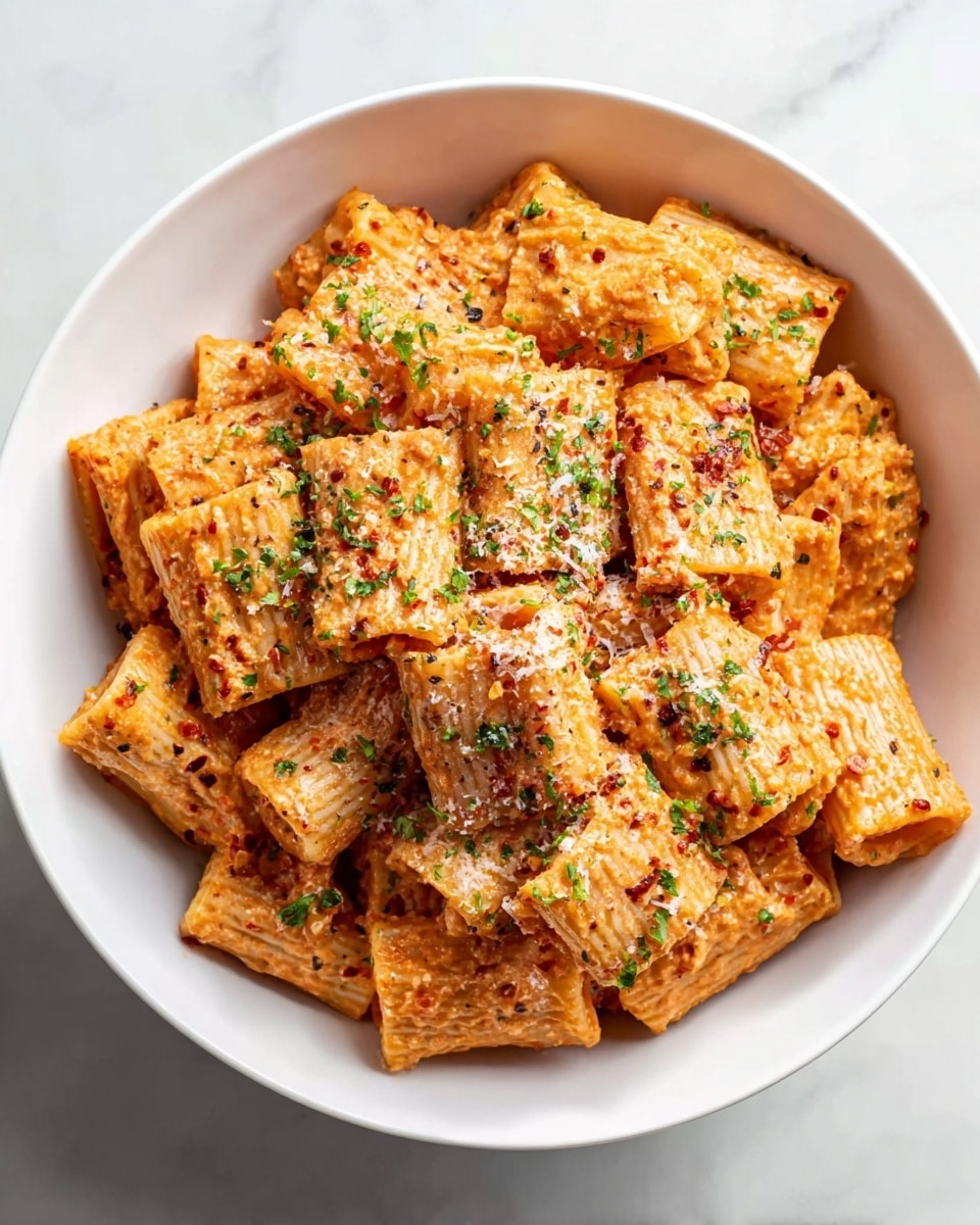 A white bowl filled with rigatoni pasta coated evenly in a creamy, orange-red sauce with flecks of herbs and spices throughout. The rigatoni pieces are thick, tube-shaped, and arranged in layers, with some stacked on top, showing the ridged texture. The pasta is sprinkled with finely chopped green herbs and grated cheese that melts slightly into the sauce, adding a grainy texture on top. The bowl sits on a white marbled surface, adding a clean, bright background to the rich colors of the dish. photo taken with an iphone --ar 4:5 --v 7