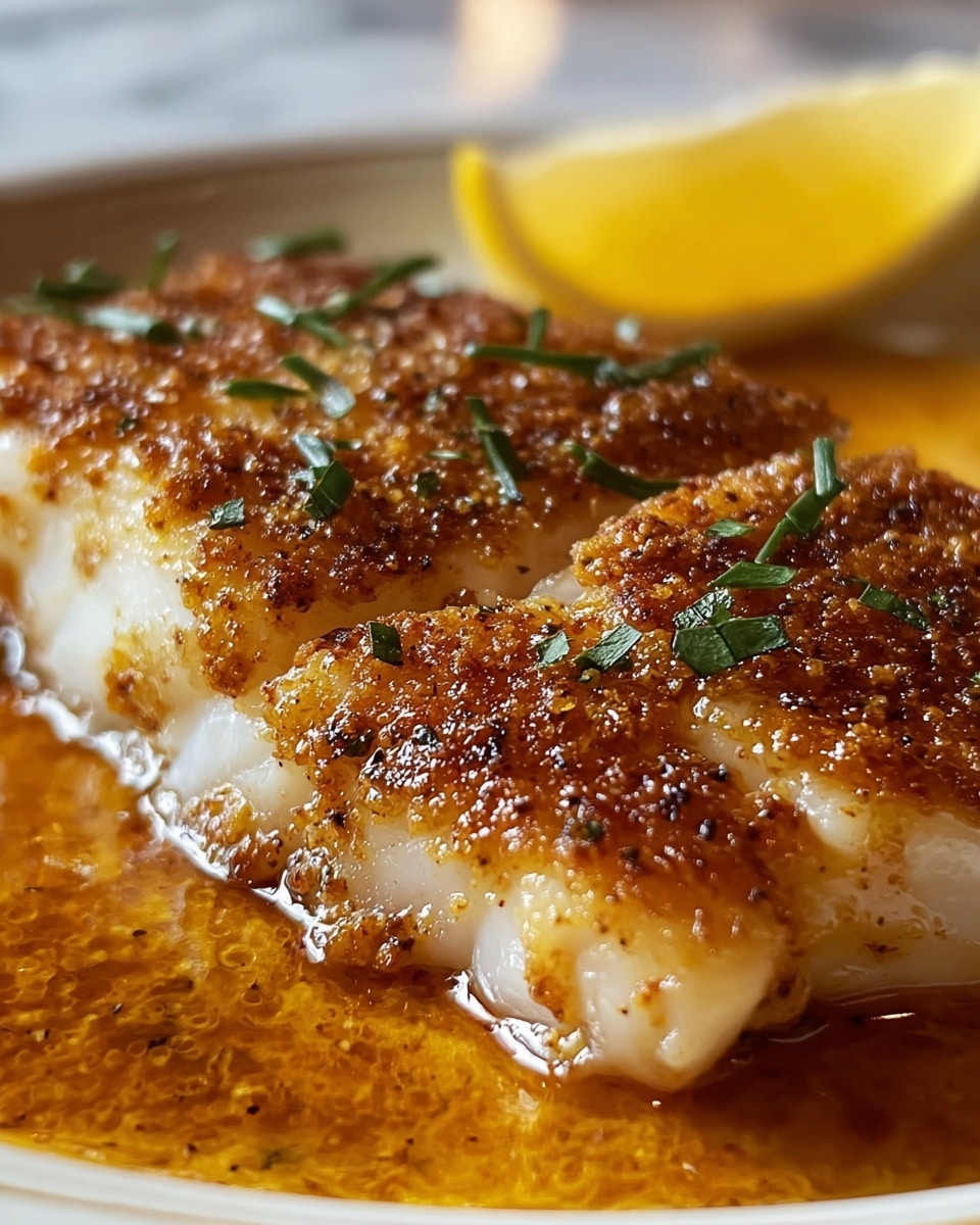 The close-up image shows a piece of cooked fish fillet, cut into three thick strips, with a golden brown crust on top. The fish is white but covered with a shiny, reddish-brown spicy seasoning and sprinkled with small green herb bits. To the upper right of the fish is a folded yellow lemon wedge. The dish rests on a white plate with the edges barely visible, set on a white marbled surface. The sauce around the fish has a glossy look with a warm, oily texture. Photo taken with an iphone --ar 4:5 --v 7