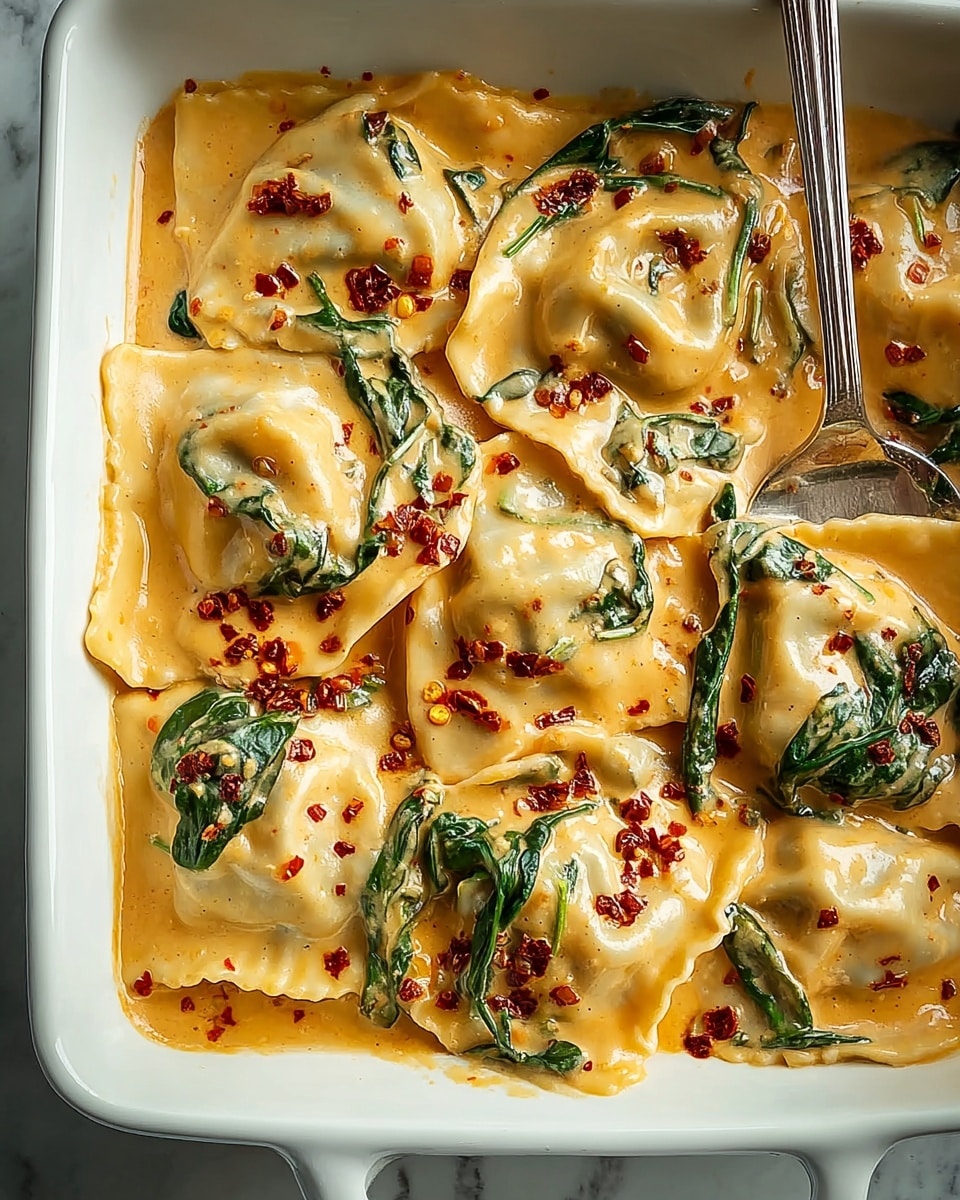 A white rectangular dish filled with two layers of large ravioli covered in creamy orange sauce. The sauce is smooth with a slight shine, mixed with wilted dark green spinach leaves scattered evenly throughout. Each ravioli piece is light beige with a slightly glossy, soft texture. Small bits of bright red chili flakes and finely chopped red seasoning sit on top, adding color contrast and texture. In the upper right corner, a silver fork is partially visible, resting on the dish's edge. The dish sits on a white marbled surface. photo taken with an iphone --ar 4:5 --v 7
