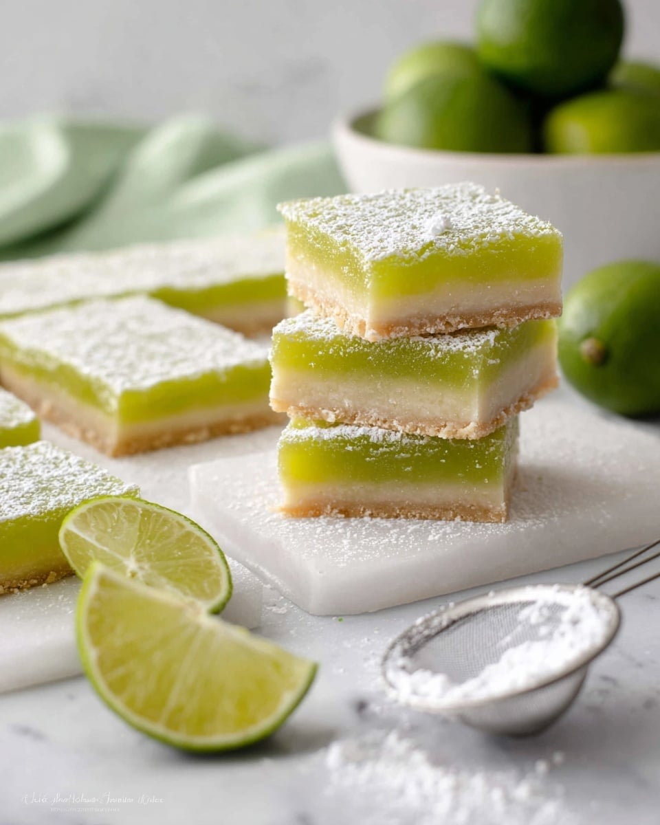 A stack of three square lime bars is centered in the image, each bar showing two main layers: a bright green, smooth and slightly glossy lime filling on top, and a pale beige, crumbly crust at the bottom; the top bar is dusted with fine white powdered sugar. Behind the stack, more lime bars are cut into squares and spread out flat on a white marbled surface, appearing fresh and evenly sliced. In the foreground, a few lime wedges with green skin and pale green flesh rest on the white marbled surface, adding a fresh touch. A white-handled sifter with powdered sugar is slightly visible at the bottom right, and a white bowl filled with whole green limes is softly blurred in the background. The whole scene is bright and clean, with soft natural light. photo taken with an iphone --ar 4:5 --v 7