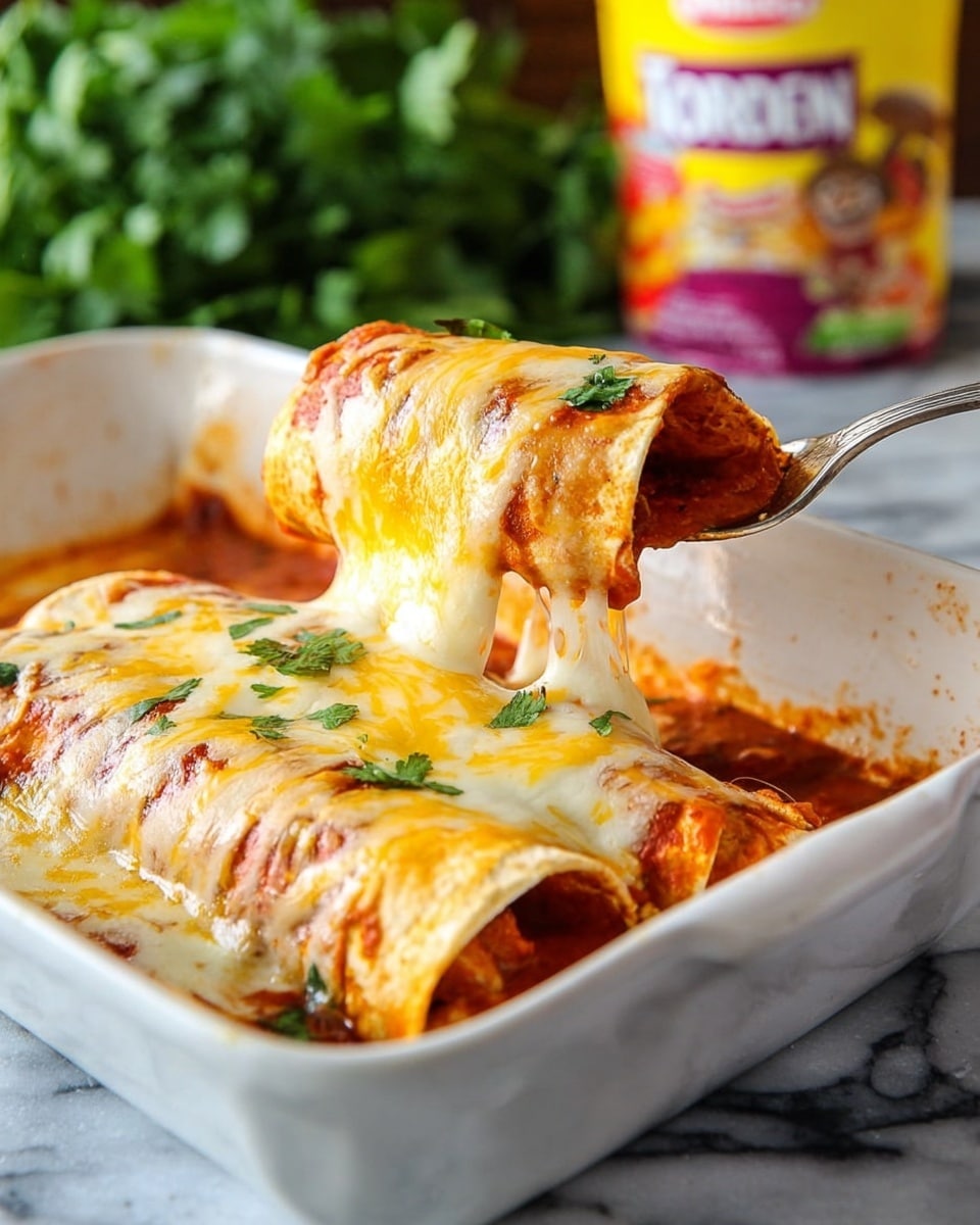 A white rectangular baking dish filled with six rolled tortillas lying side by side, each covered with a layer of red sauce and a thick, melted cheese layer that is golden and slightly browned in spots; the tortillas are lightly browned at the edges and appear soft under the cheese. The melted cheese covers the entire top of the tortillas, showing some creamy and bubbly texture. On the left side of the baking dish, there is a small white plate with three forks stacked on it. Below the plate, fresh green parsley is visible. A metal spatula with a black handle rests on the right side of the dish. The entire scene is set on a white marbled textured surface. photo taken with an iphone --ar 4:5 --v 7