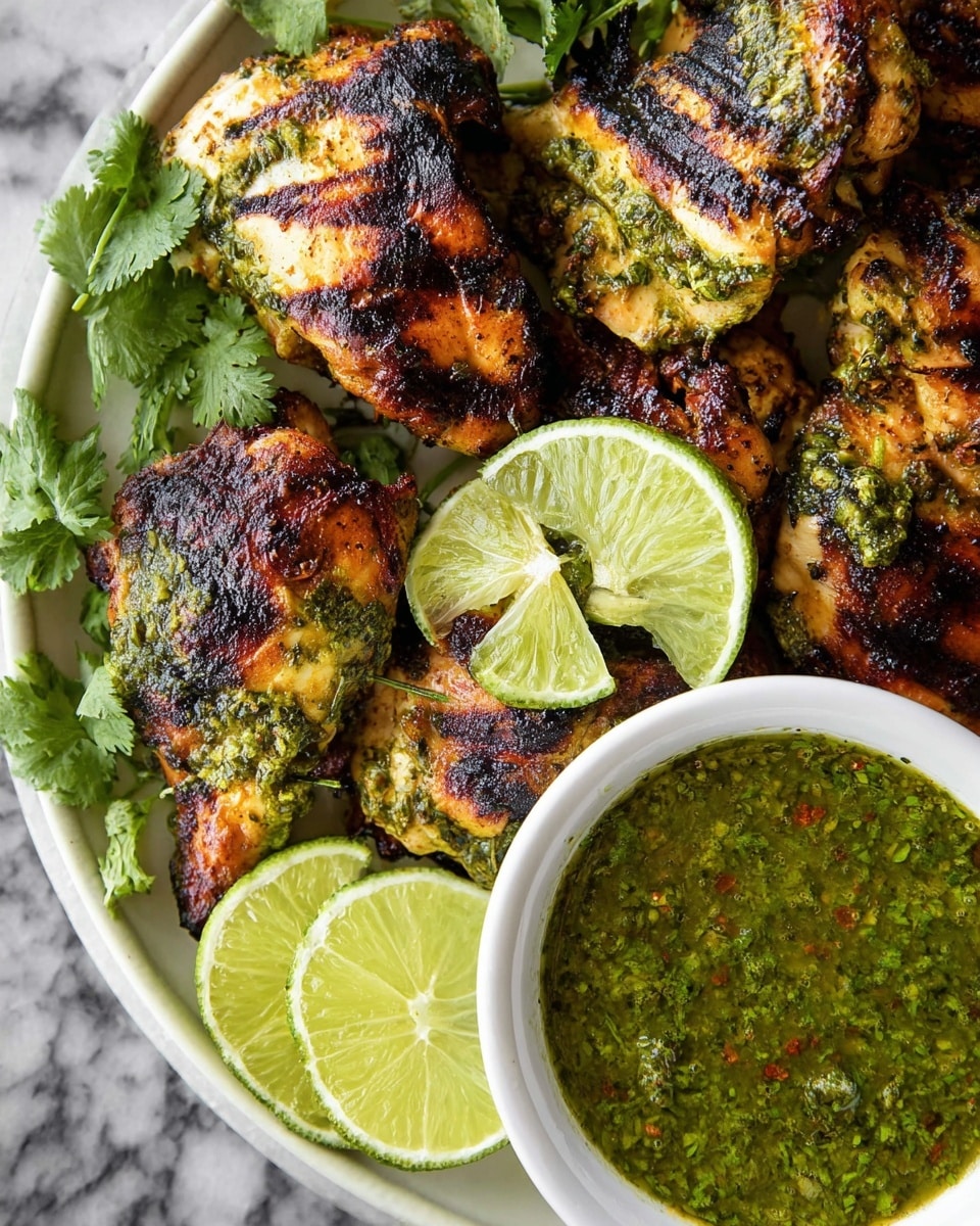 The image shows grilled chicken breasts with a green herb marinade, each piece having charred grill marks and a mix of golden and green colors on the surface, indicating a spicy and fresh flavor. The chicken is laid on a bed of fresh green parsley leaves, and lime wedges are placed around the chicken, adding a bright yellow-green contrast. On the side is a white, speckled bowl filled with a thick green sauce, decorated with a small blue and white edible flower. The whole dish is presented on a white marbled surface. photo taken with an iphone --ar 4:5 --v 7