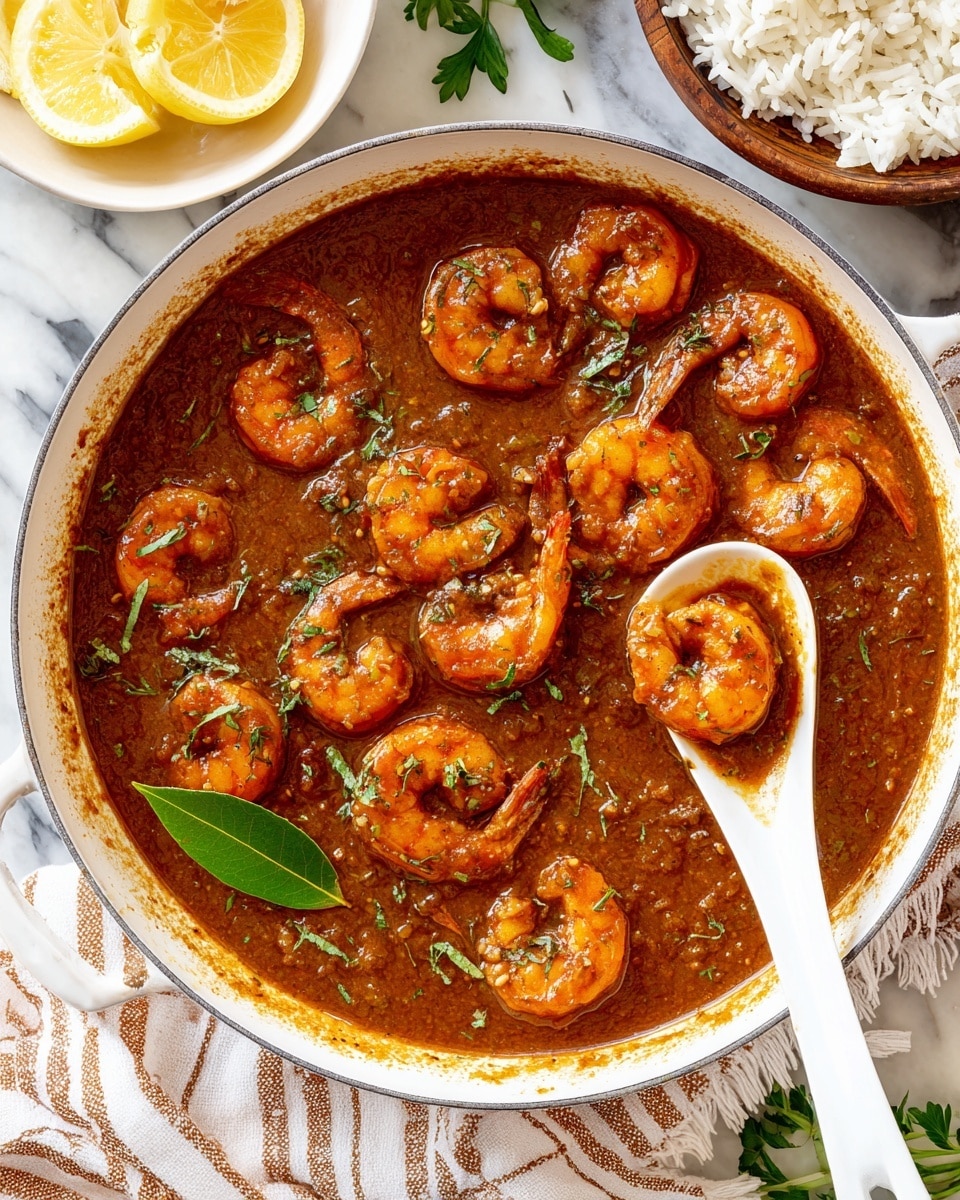 A shallow white bowl holds a dish with two main layers; the left side has a fluffy layer of white rice, garnished with small green herb pieces, and topped with bright yellow lemon wedges near the back edge. The right side features a thick, reddish-brown sauce with chunks of shrimp coated in it, sprinkled with finely chopped green herbs for color contrast. A dark metal fork rests on the right edge of the bowl. The bowl sits on a white marbled surface. photo taken with an iphone --ar 4:5 --v 7