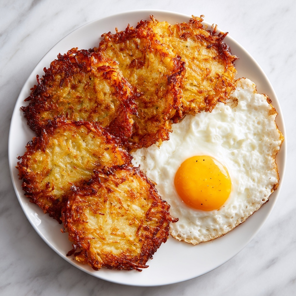 A close-up view of a white plate holding several golden-brown crispy potato pancakes with visible shredded textures and some darker toasted spots. On the right side of the plate, there is a fried egg with a white and light golden color showing a slight bubbly texture around the edges. The whole scene is set on a white marbled surface, emphasizing the colors and textures of the food. photo taken with an iphone --ar 4:5 --v 7