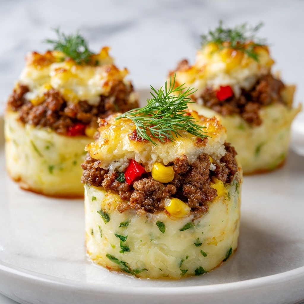 The dish shows nests made from mashed potatoes mixed with green herbs, forming thick cylindrical walls with a smooth but rustic texture, each nest about two layers high. Inside the nests, there is a filling of cooked ground meat, rich brown in color, mixed with small pieces of red bell pepper and corn kernels, creating a moist and crumbly texture. The top of each nest is crowned with melted cheese, golden brown and slightly bubbly, garnished with a small sprig of fresh dill. The nests sit on a white plate with a white marbled texture in the background. photo taken with an iphone --ar 4:5 --v 7