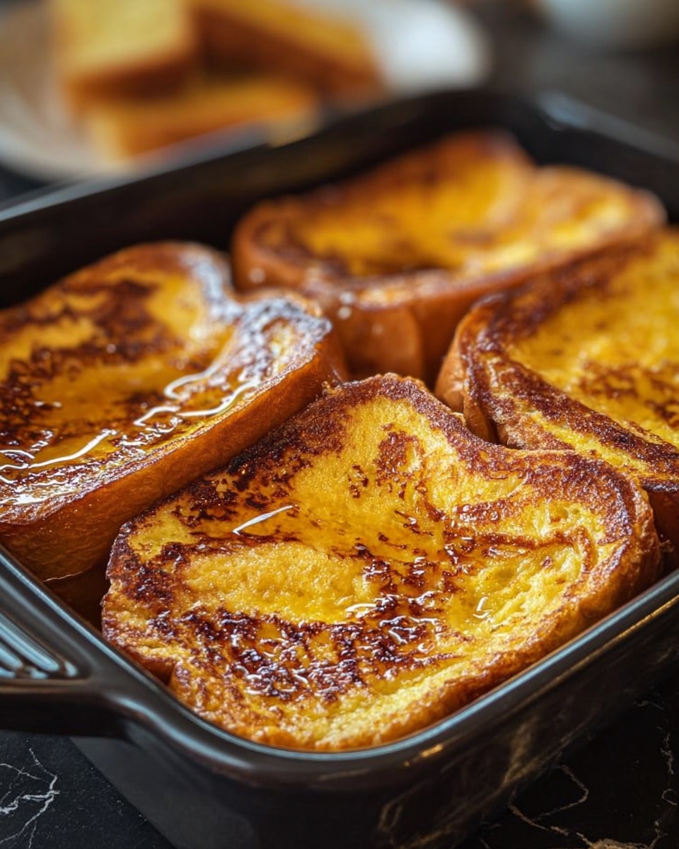 The image shows four thick slices of golden-brown French toast in a black ceramic baking dish. Each slice has a slightly crispy, caramelized surface with some areas darker than others, indicating even cooking. The texture looks soft and custardy inside while the edges are browned and crisp. The dish sits on a white marbled surface, with another plate blurred in the background holding similar toasted bread pieces. The warm lighting enhances the rich yellow and brown colors of the toast, making it look very inviting. photo taken with an iphone --ar 4:5 --v 7