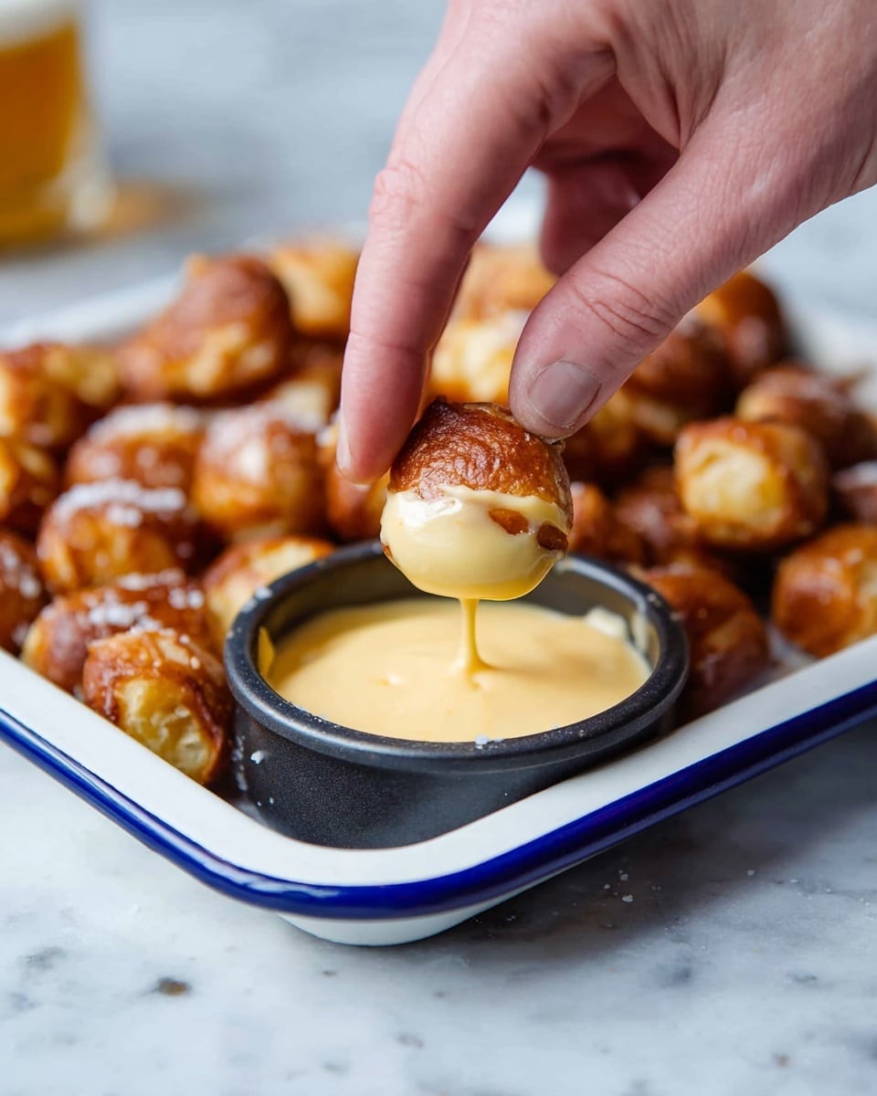 A white rectangular tray filled with many small, golden-brown pretzel bites topped with coarse salt. In the bottom left side of the tray, there is a small round metal cup filled with smooth, yellow cheese sauce. Next to the tray, on the right, there is a round wooden board with a pile of shredded orange cheddar cheese and part of a metal grater with shredded cheese on it. The tray and board are placed on a white marbled surface. photo taken with an iphone --ar 4:5 --v 7